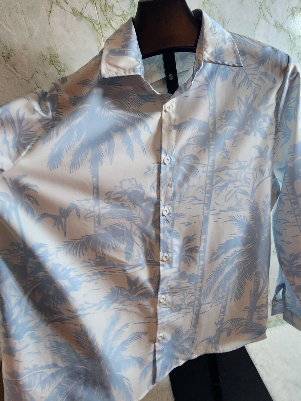 White/Blue Tropical Long Sleeve Shirt - Picture 5 of 8